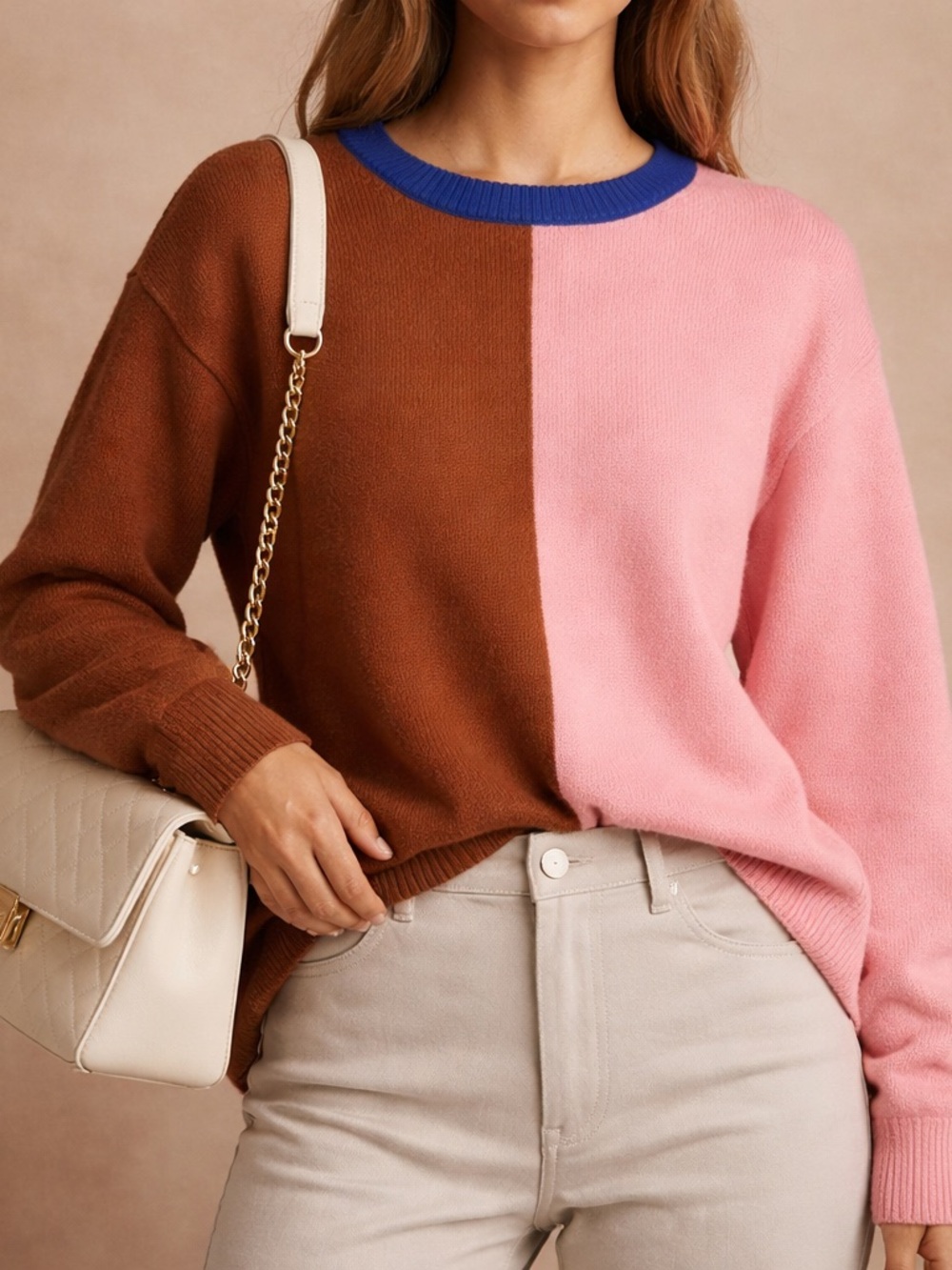 Colorblock Crewneck Sweater - Pink & Brown
